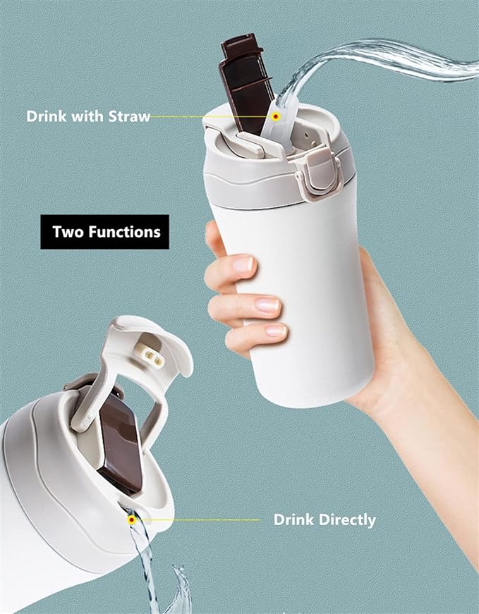 New Coffee Thermos with Dual Drink Sip and Straw