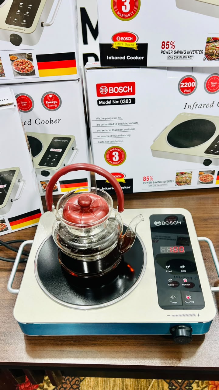 Bosch 0303 Infrared Cooker 2200W - Touch Panel Electric Stove with Knob Control, 3-Hour Timer & 5 Cooking Modes - Works with Any Cookware - 3 Year Warranty